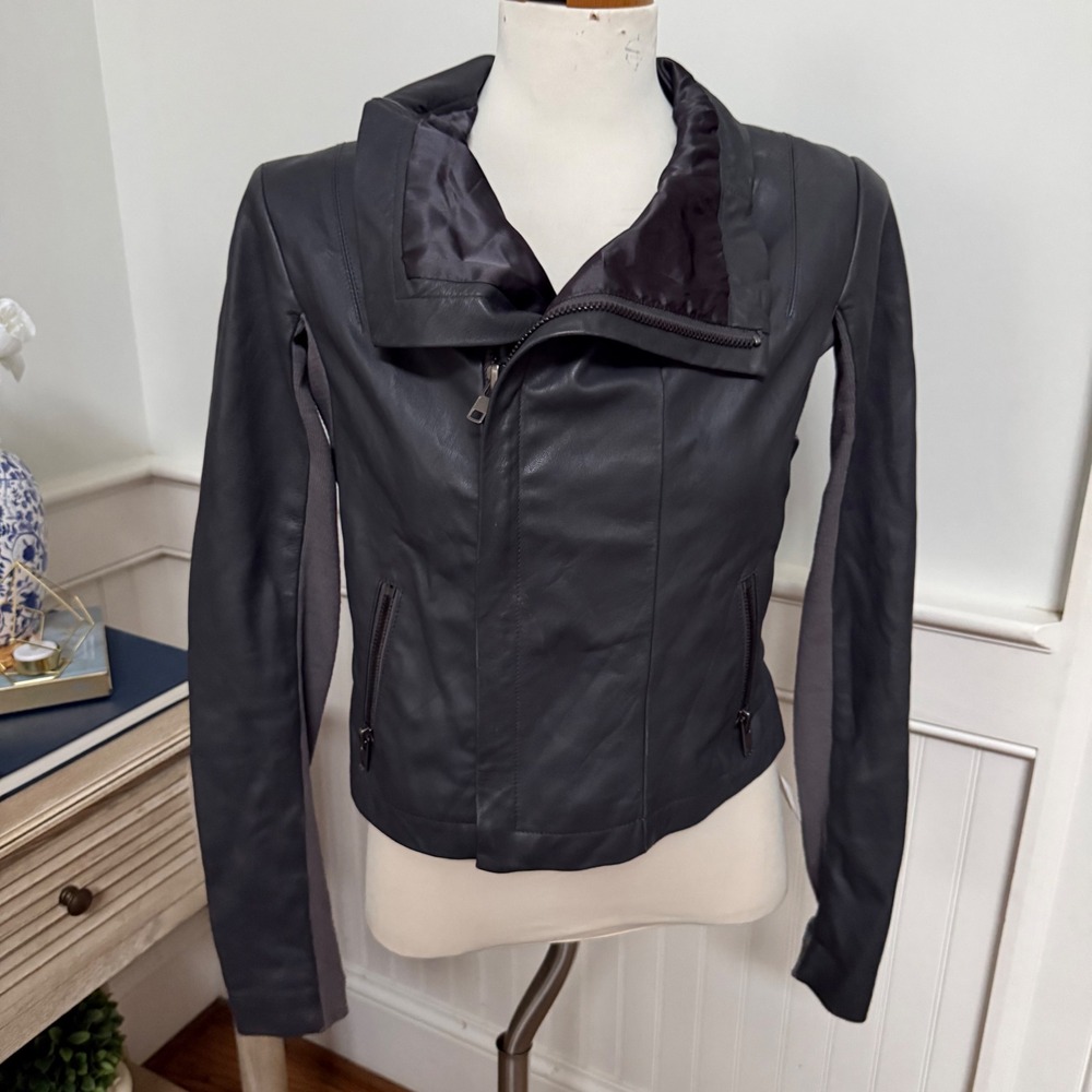 VEDA Asymmetrical Zip Moto Jacket Dark Gray Leather Blend Women XS/D